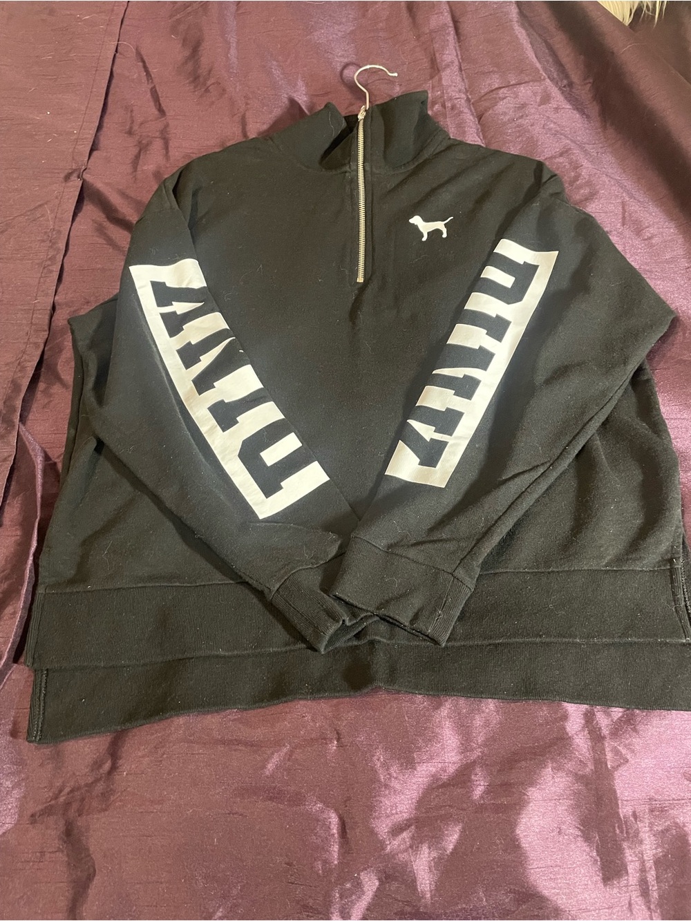 PINK Victoria's Secret Black Half-Zip Pullover with White Sleeve Graphics